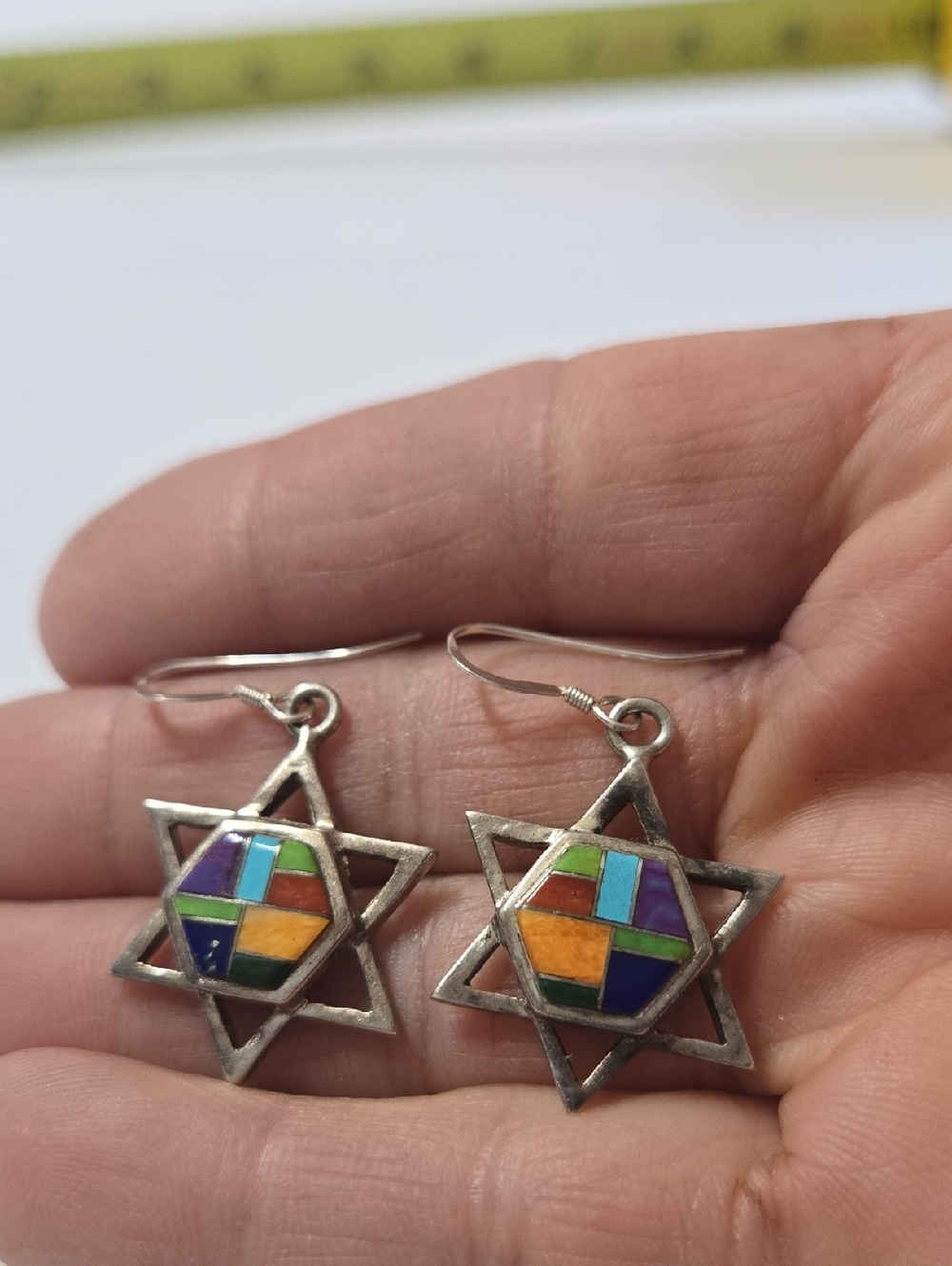 Sterling Star of David Inlay Drop Earrings - Multicolor